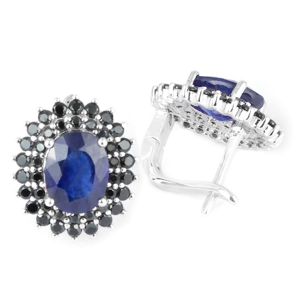 HEATED NATURAL 8X6MM BLUE SAPPHIRE BLACK SPINEL IN STERLING SILVER 925 EARRING - Image 2